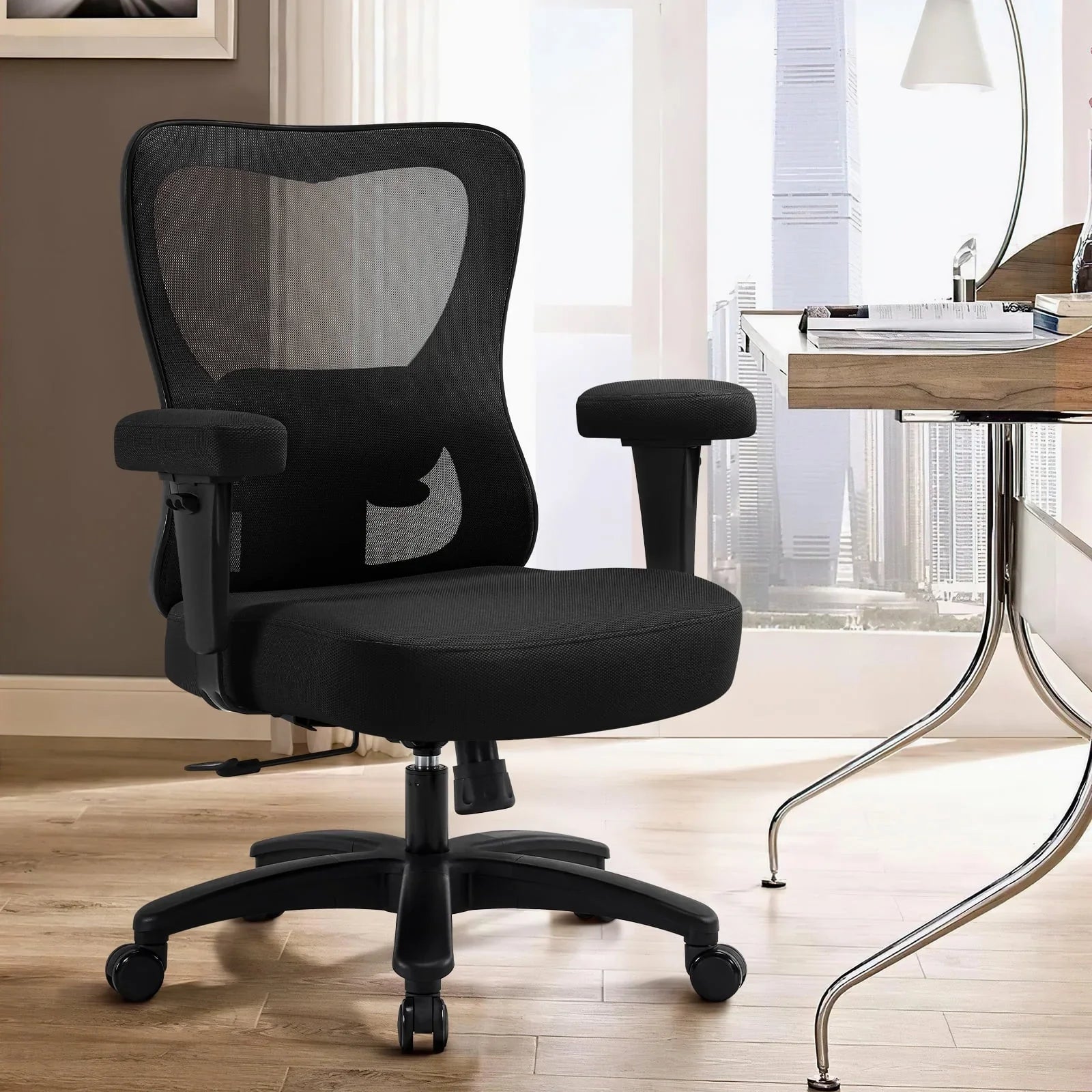Ergonomic Office Chair, Mesh Desk Chair with Wide Thick Seat Cushion, Oversize Home Desk Chair with Adjustable 2D Headrest, Lumbar Support Armrests for Work Gaming,Black