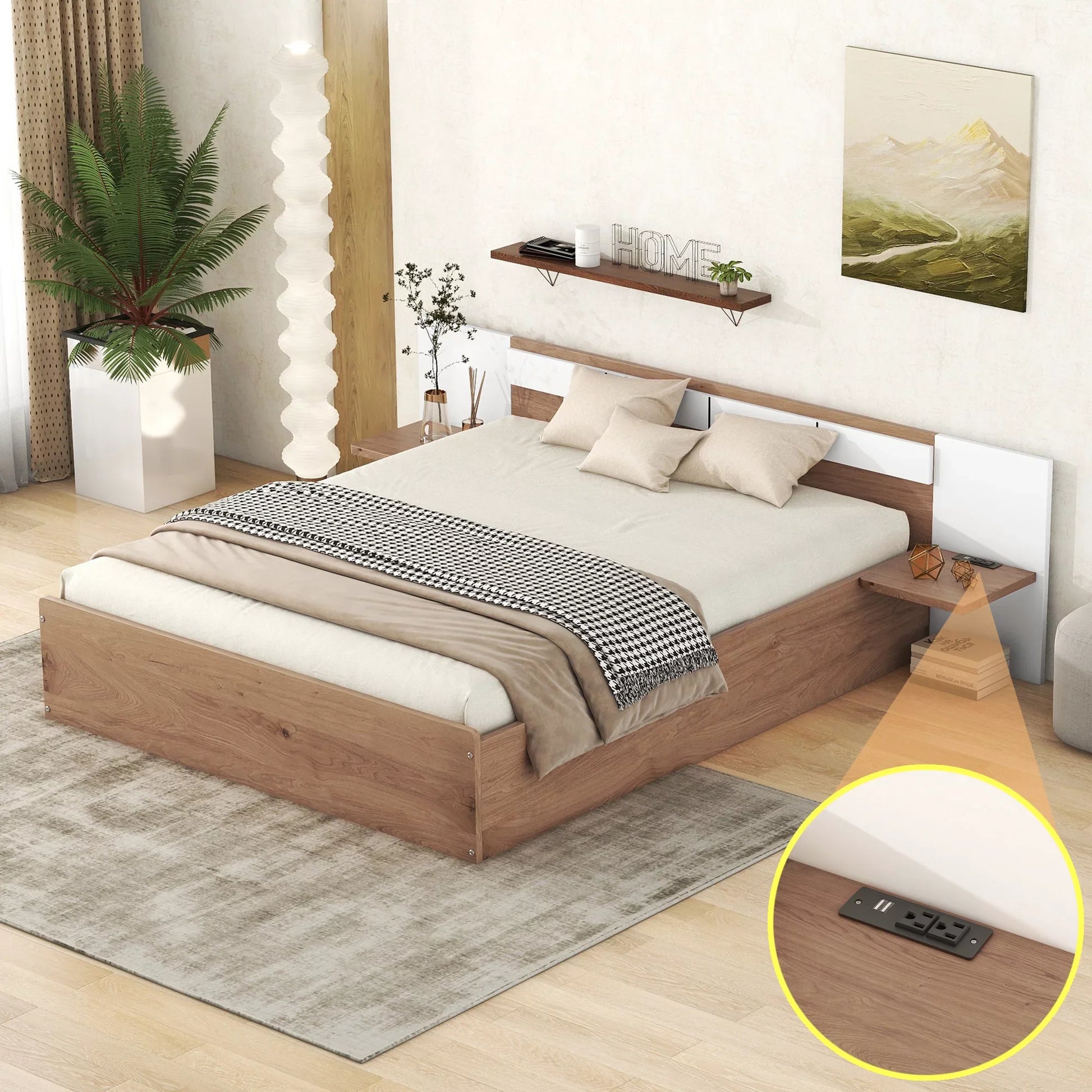 Euroco Wood Queen Size Platform Bed with Shelf and Charging Station, Natural