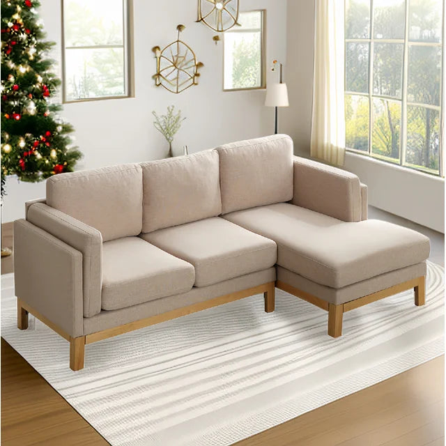 Puremind 84" Sectional Sofa Couch, L Shaped 3-Seat Small Couch for Living Room/Apartment, Modern Upholstered Linen Fabric Sofa with Wide Chaise Lounge, Beige