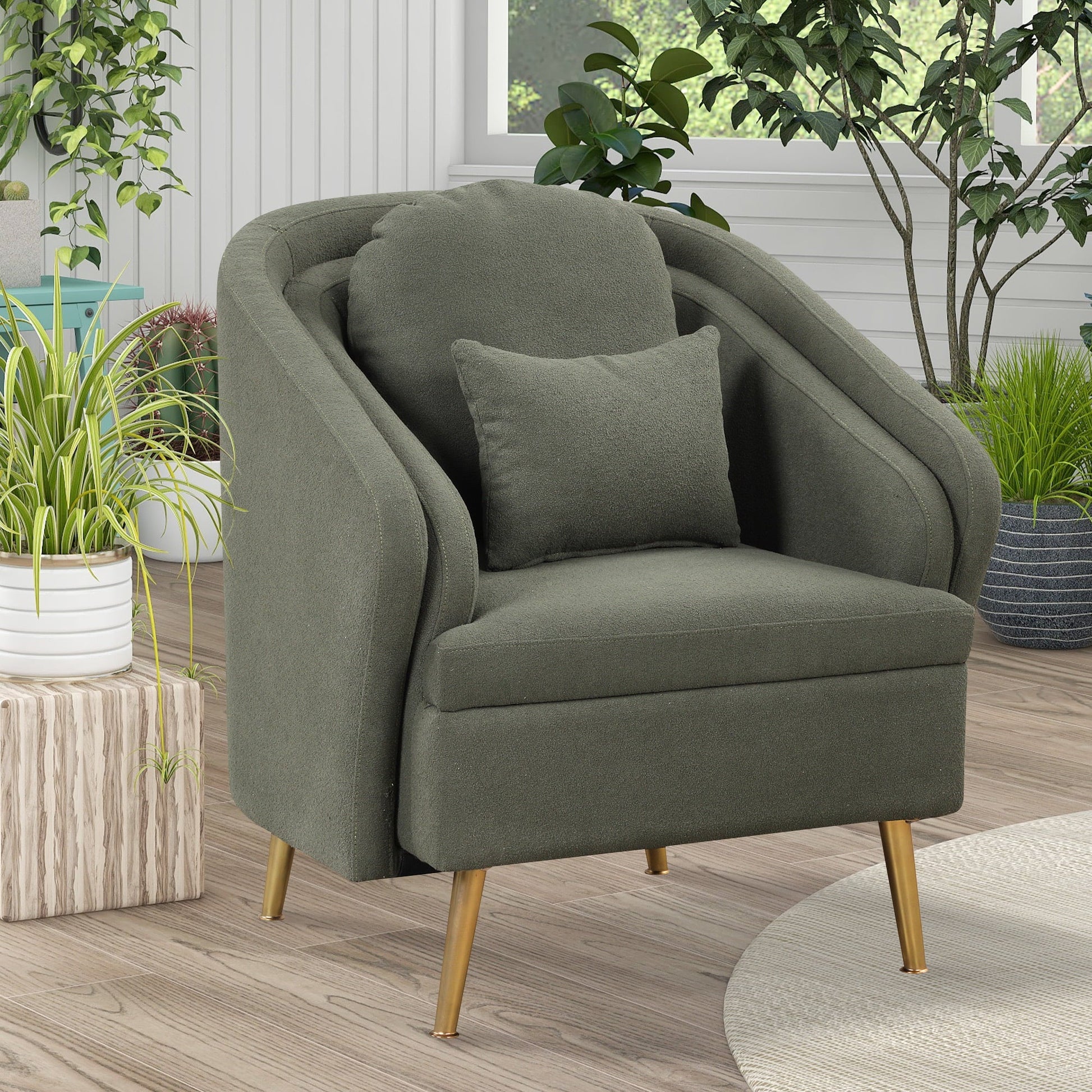 EUROCO Accent Chair Arm Chair with Lumbar Pillow and Metal legs, 31.5"W Upholstered Accent Chair for Living Room, Bedroom,Seaweed Green