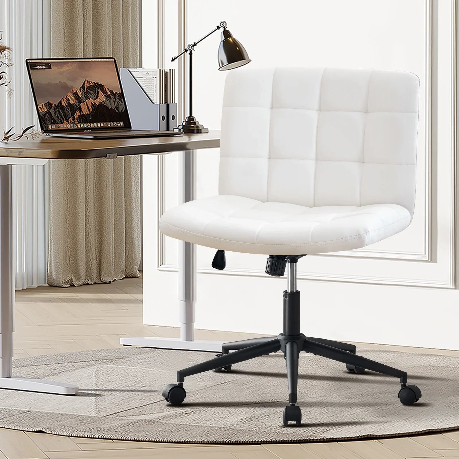 Modern Armless Home Office Chair Wide Desk Chair with Wheels Swivel Task Chair for Home Office, Bedroom. PU-Ivorywhite