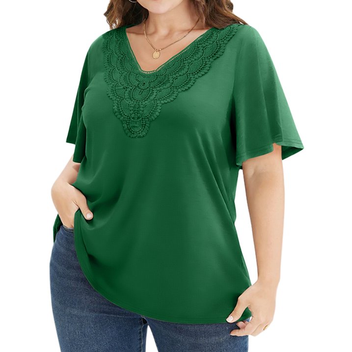 WellSize Women Plus Size Tops Dressy Lace V Neck Shirts Casaul Short Sleeve Tunic Blouses