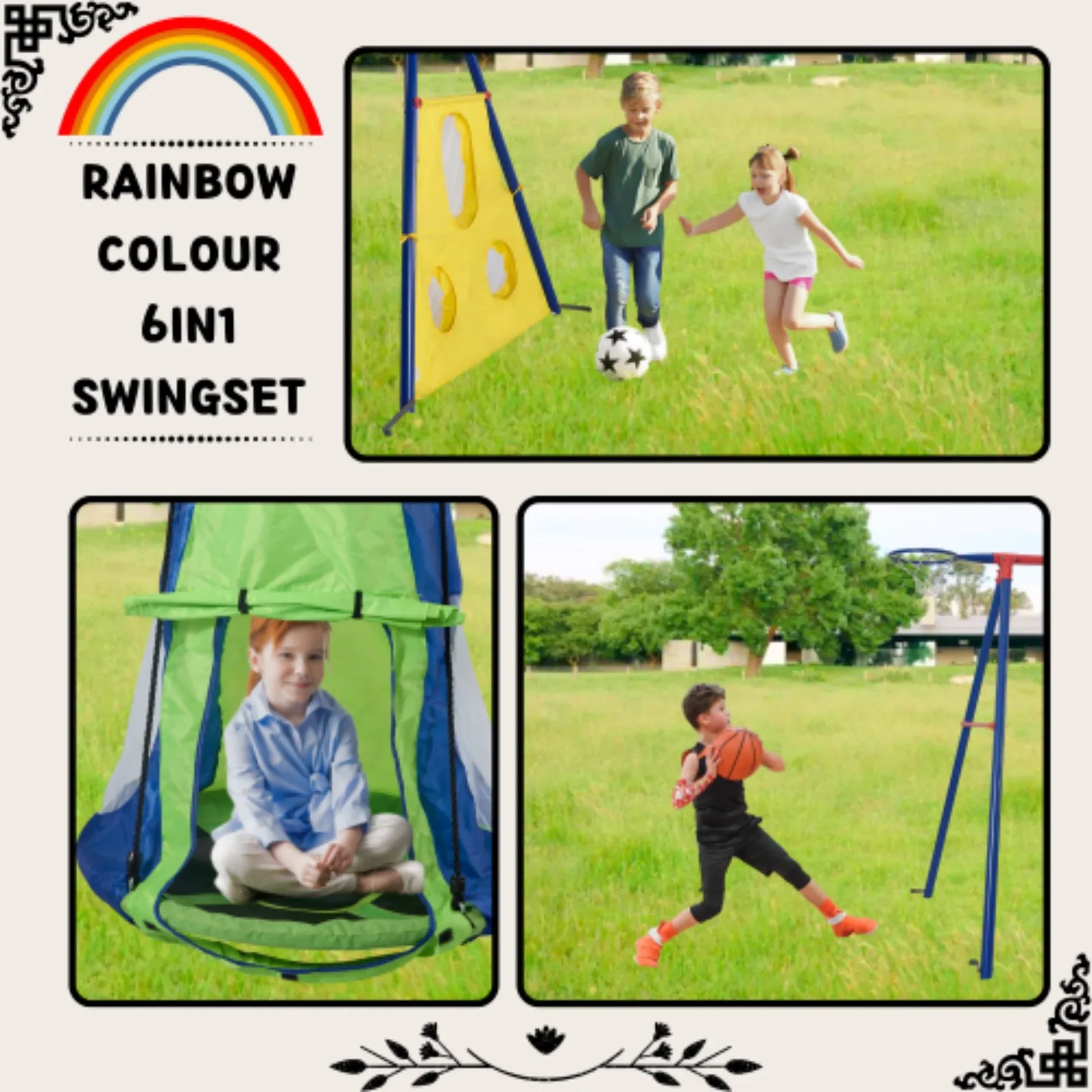 Yardmaster 6 in 1 Kids Swing Sets, Rainbow Colour Kids Swing Set with Padded Saucer and Climbing Ladder, Playground Sets for Backyards with Basketball Hoop, Soccer Net and Two Facing Swings