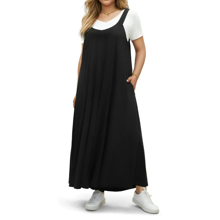 WellSize Plus Size Jumpsuits for Women Adjustable Straps Loose Overalls Long Rompers With Pockets