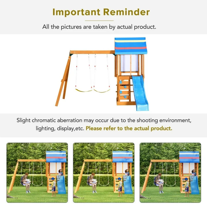 Wooden Outdoor Swing Set, SHINPT All in One Kids Outdoor Play Equipment for Kids Age 3 12 with Wave Slide, 2 Swings, Climbing Wall, Canopy Roof and Ladder, Kids Playground for Backyard, Garden, Park