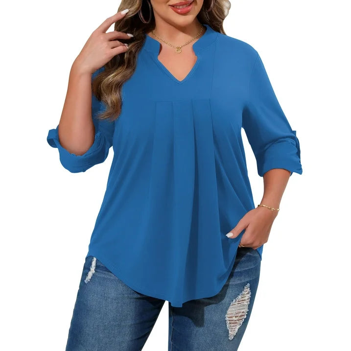 WellSize Plus Size Blouse for Women Dressy Pleated Tunic Tops Roll Up 3/4 Sleeve Shirts