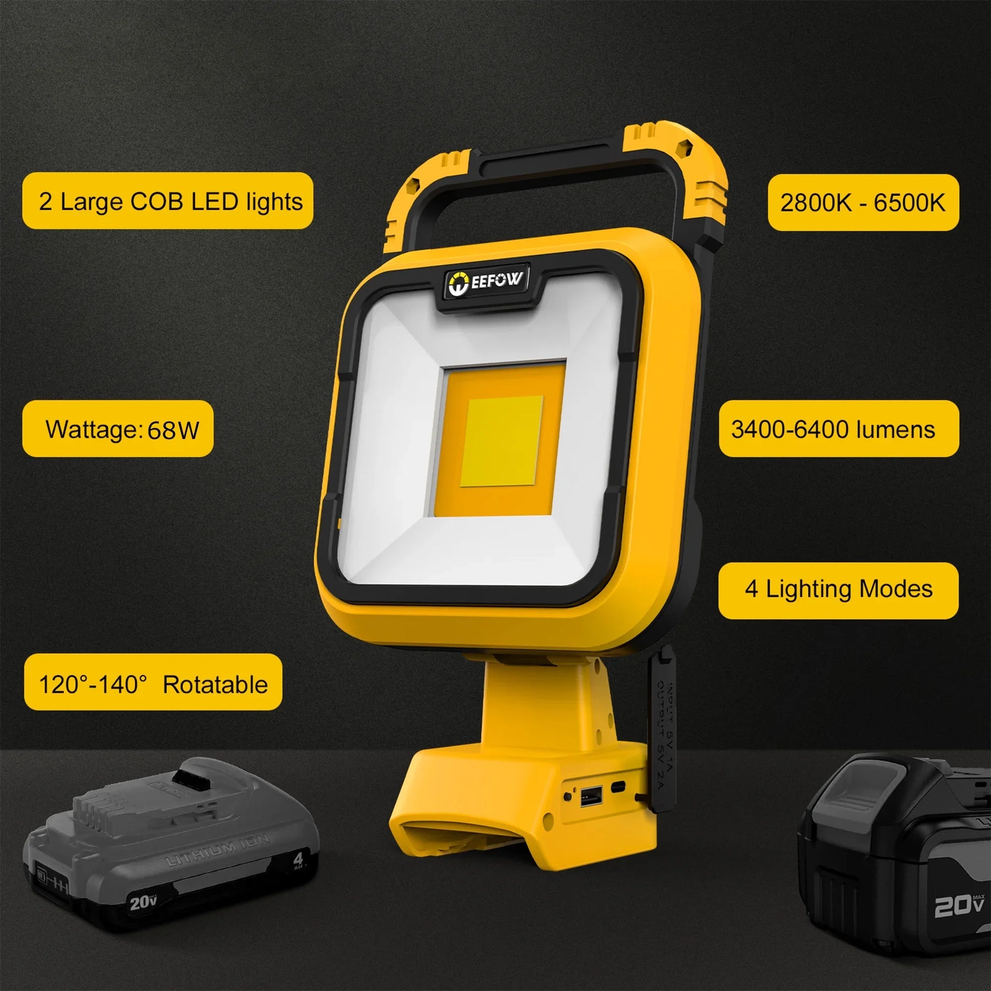 Uarter Portable Work Light 2 COB LED Lamp 6500K 6400LM Cordless Job Lighting 140 Rotatable 4 Modes Flashlight for Dewalt 20v Max Rechargeable Battery