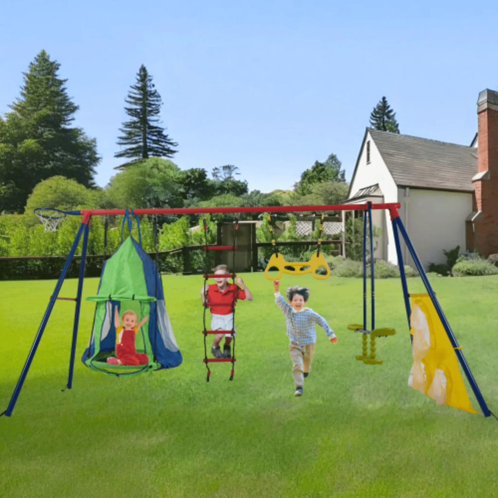 Yardmaster 6 in 1 Kids Swing Sets, Rainbow Colour Kids Swing Set with Padded Saucer and Climbing Ladder, Playground Sets for Backyards with Basketball Hoop, Soccer Net and Two Facing Swings