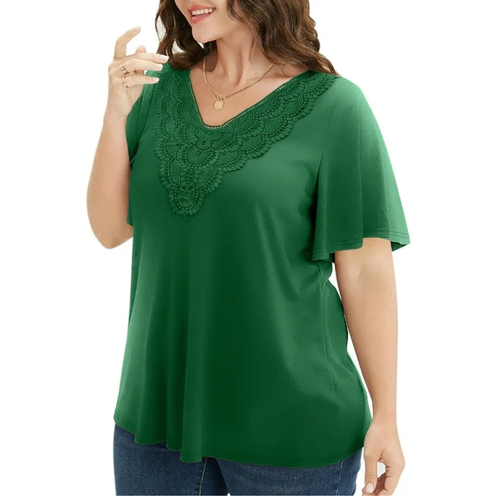 WellSize Women Plus Size Tops Dressy Lace V Neck Shirts Casaul Short Sleeve Tunic Blouses