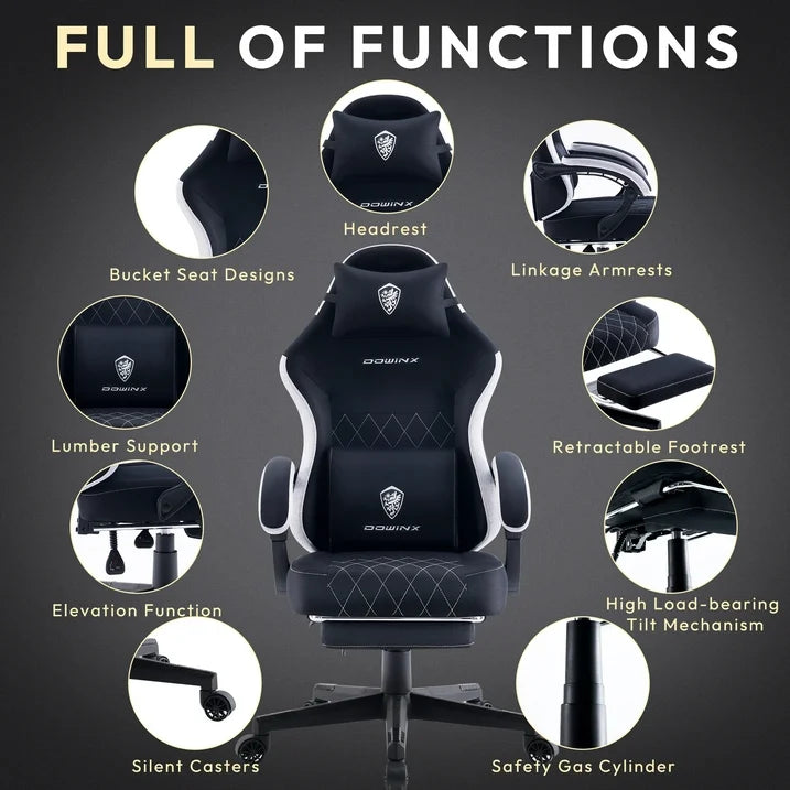 ?Dowinx Fabric Gaming Chair with Pocket Spring Cushion High Back Ergonomic Office Chair, Adjustable Footrest & Lumbar Support, 300lbs Capacity, Black