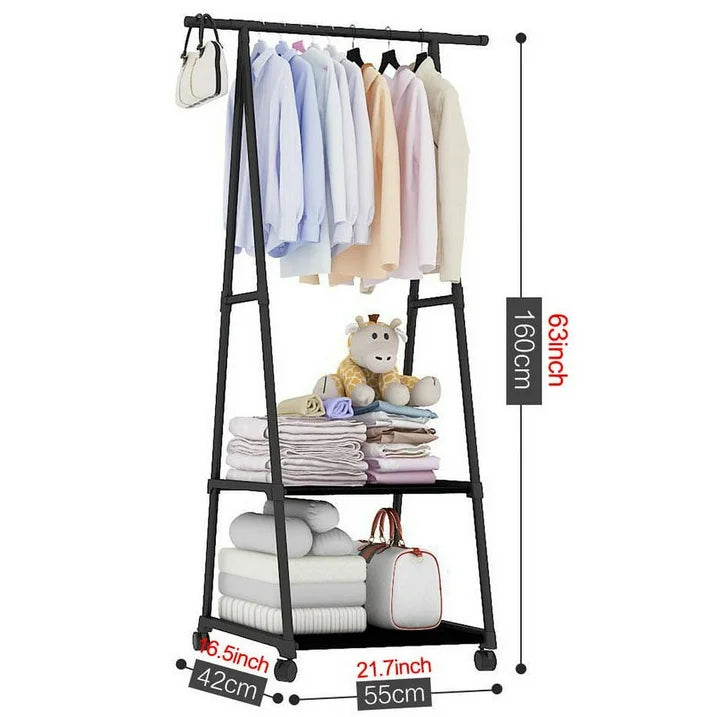 Clothes Rack on Wheels, Stainless Steel Rolling Garment Rack with with 2-Tier Storage Shelves and 2 Coat Hooks for Shoes, Clothing£¬ Portable Garment Laundry Rack for Home Office