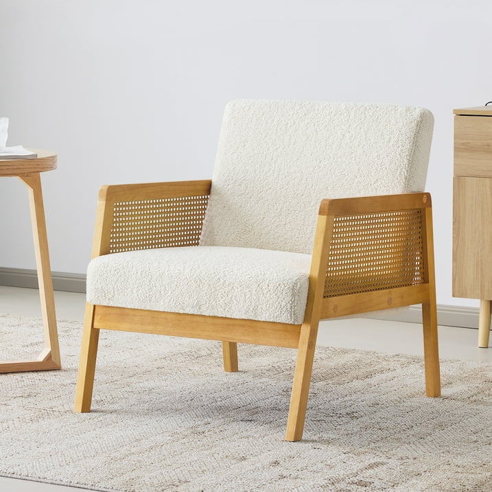 Modern Accent Chair, Upholstered Armchair with Rubber Wood Frame, Comfort Rattan Reading Chair, Lounge Chair for Living Room Bedroom, Ivory white