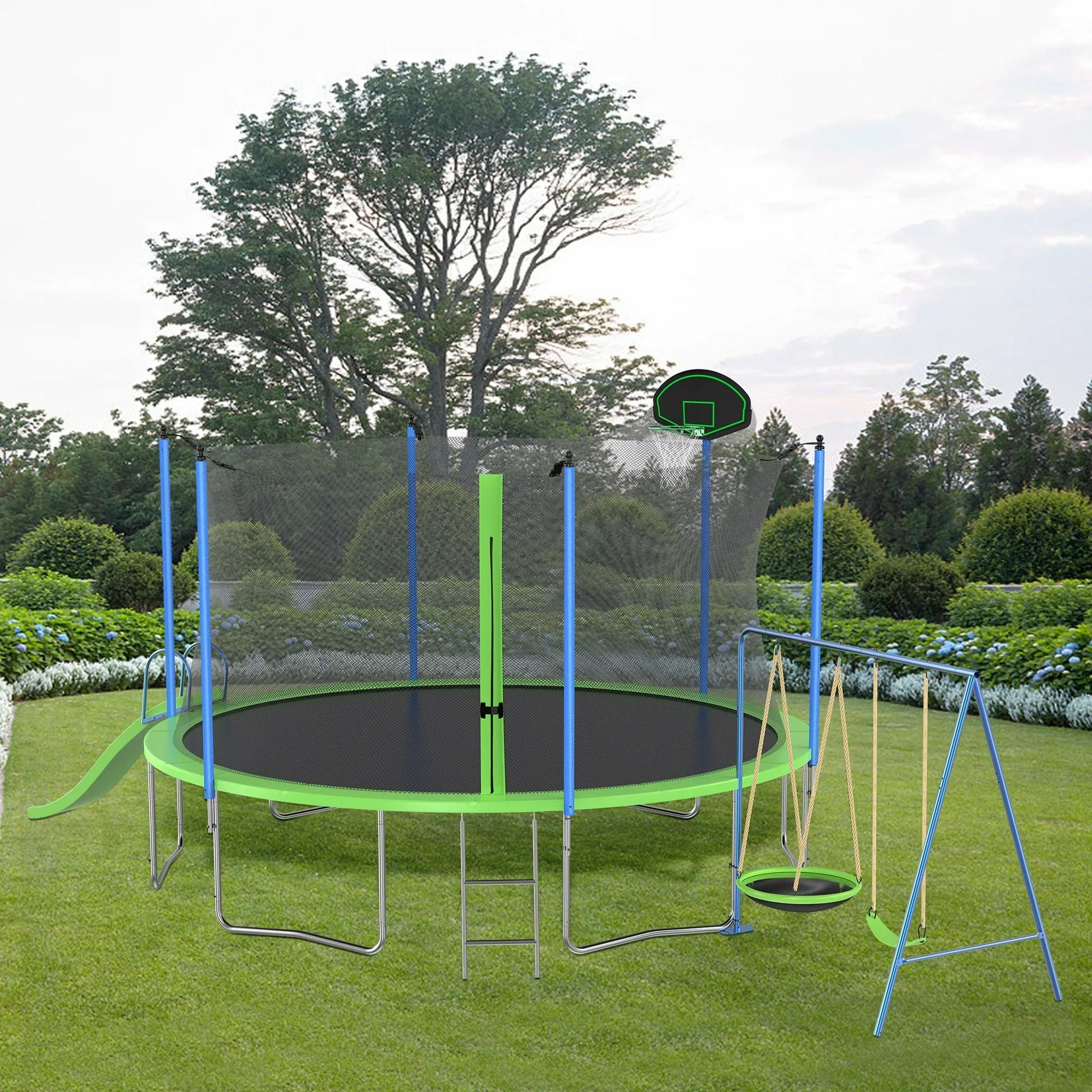 SHINPT 12FT Trampoline with Slide and Swings, ASTM Approval Recreational Trampoline with Basketball Hoop and Ladder, Easy Assembly, Outdoor Fitness Trampoline for Kids and Adults