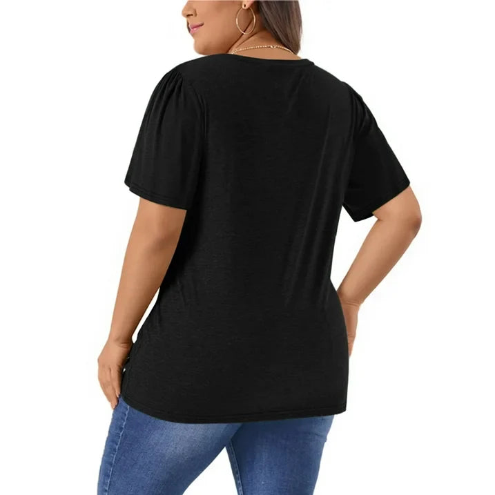 WellSize Plus Size Blouses for Women Button Tunic Tops V Neck Short Sleeve Summer Shirts