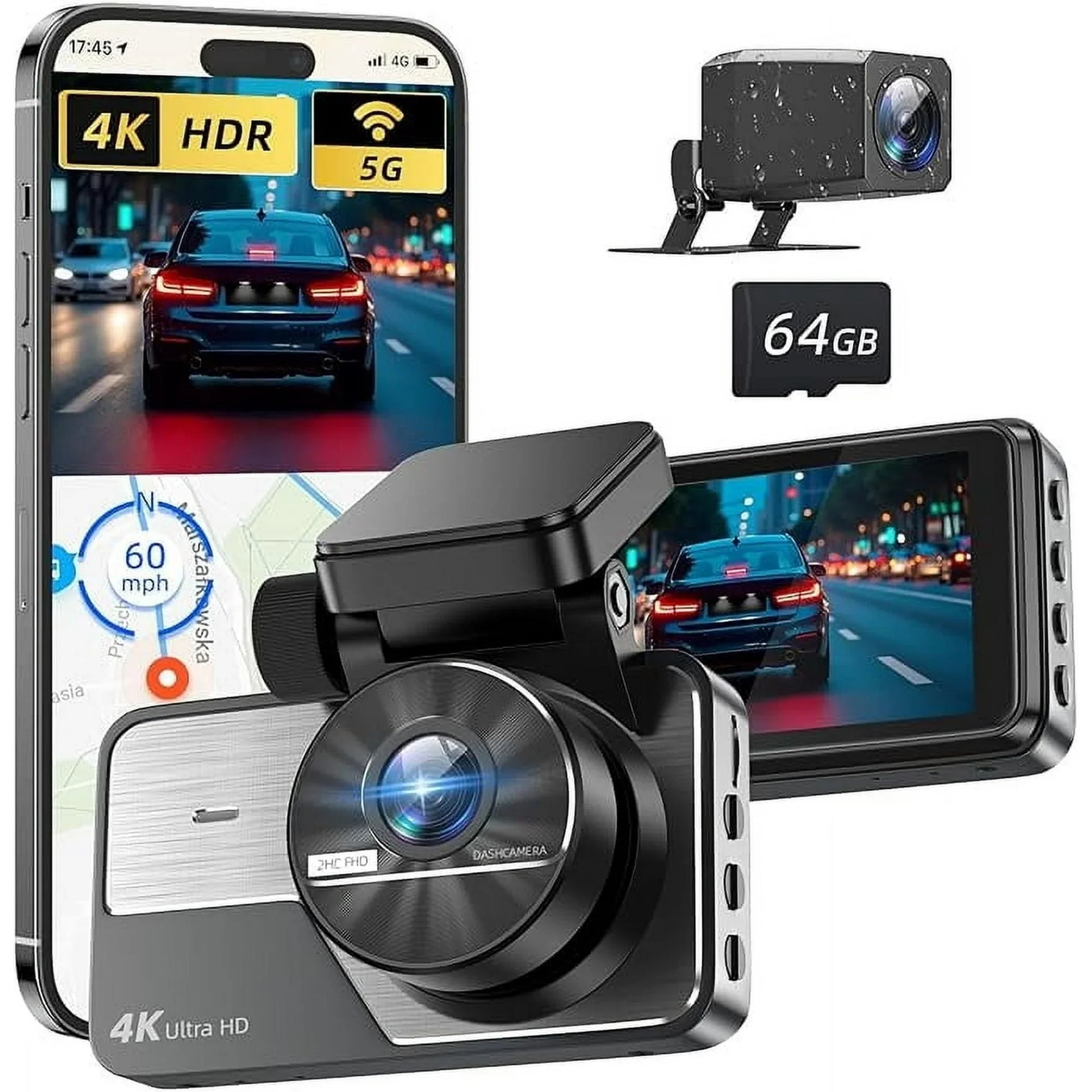 Charlore Dash Cam Front and Rear£¬4K 2K Full HD Dual Dash Camera for Cars£¬Built in 5G WiFi,GPS£¬64GB Card£¬Car Camera with 3 IPS Screen£¬UHD 2160P Night Vision, HDR£¬G Sensor£¬ App Control.