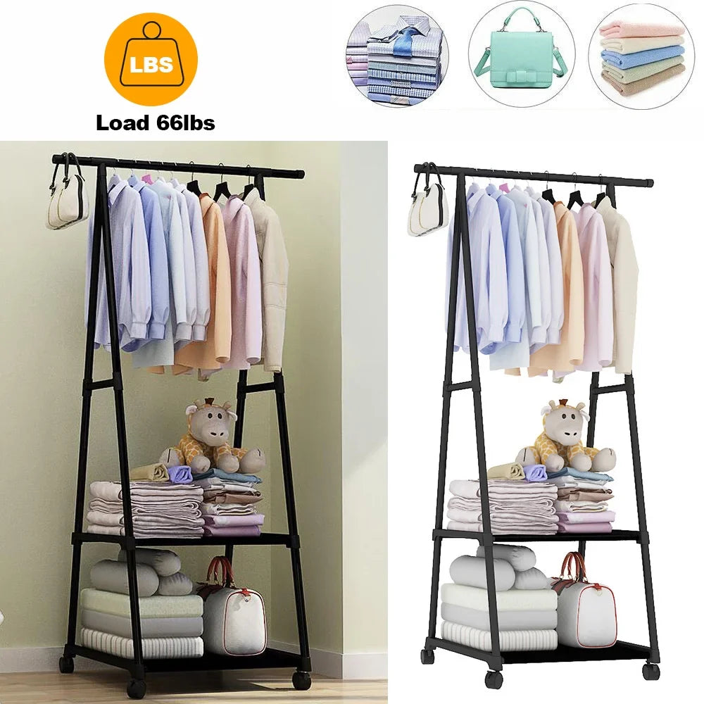 Clothes Rack on Wheels, Stainless Steel Rolling Garment Rack with with 2-Tier Storage Shelves and 2 Coat Hooks for Shoes, Clothing£¬ Portable Garment Laundry Rack for Home Office