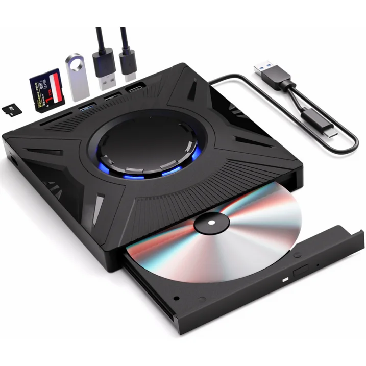 External CD/DVD Drive for Laptop, USB 3.0 Ultra Slim External CD/DVD Player with 2 USB A Ports, 2 Type C Port, 2 TF/SD Card Slots, External CD/DVD Burner Compatible with macOS/Windows/Linux