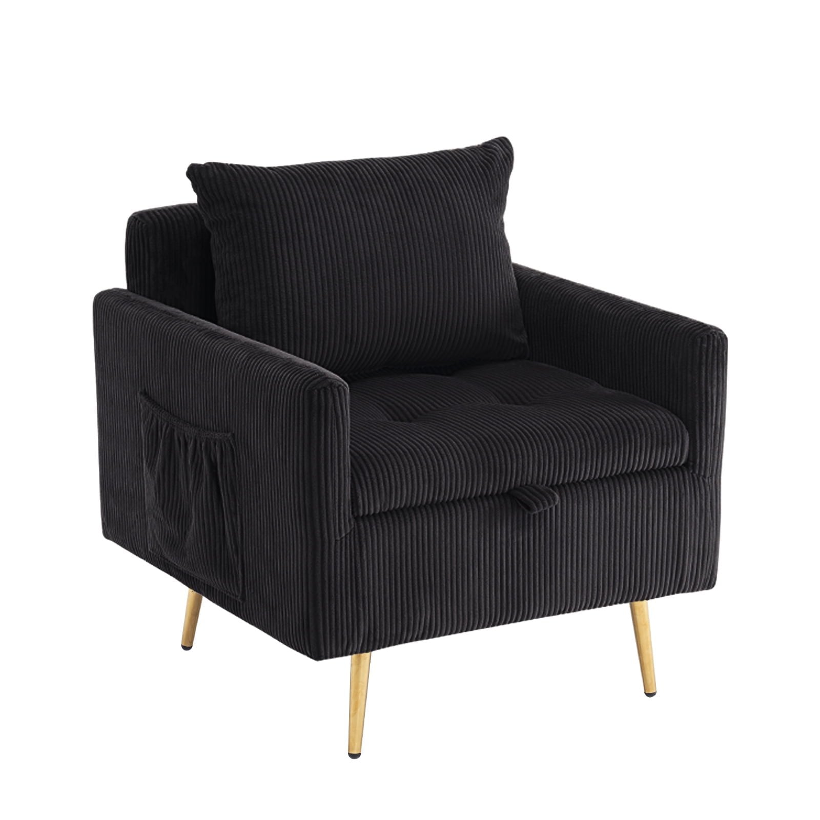 Modern Accent Chair, Single Sofa Armchair with Storage, 1 Pillow, Corduroy Fabric Arm Chair for Living Room, Black