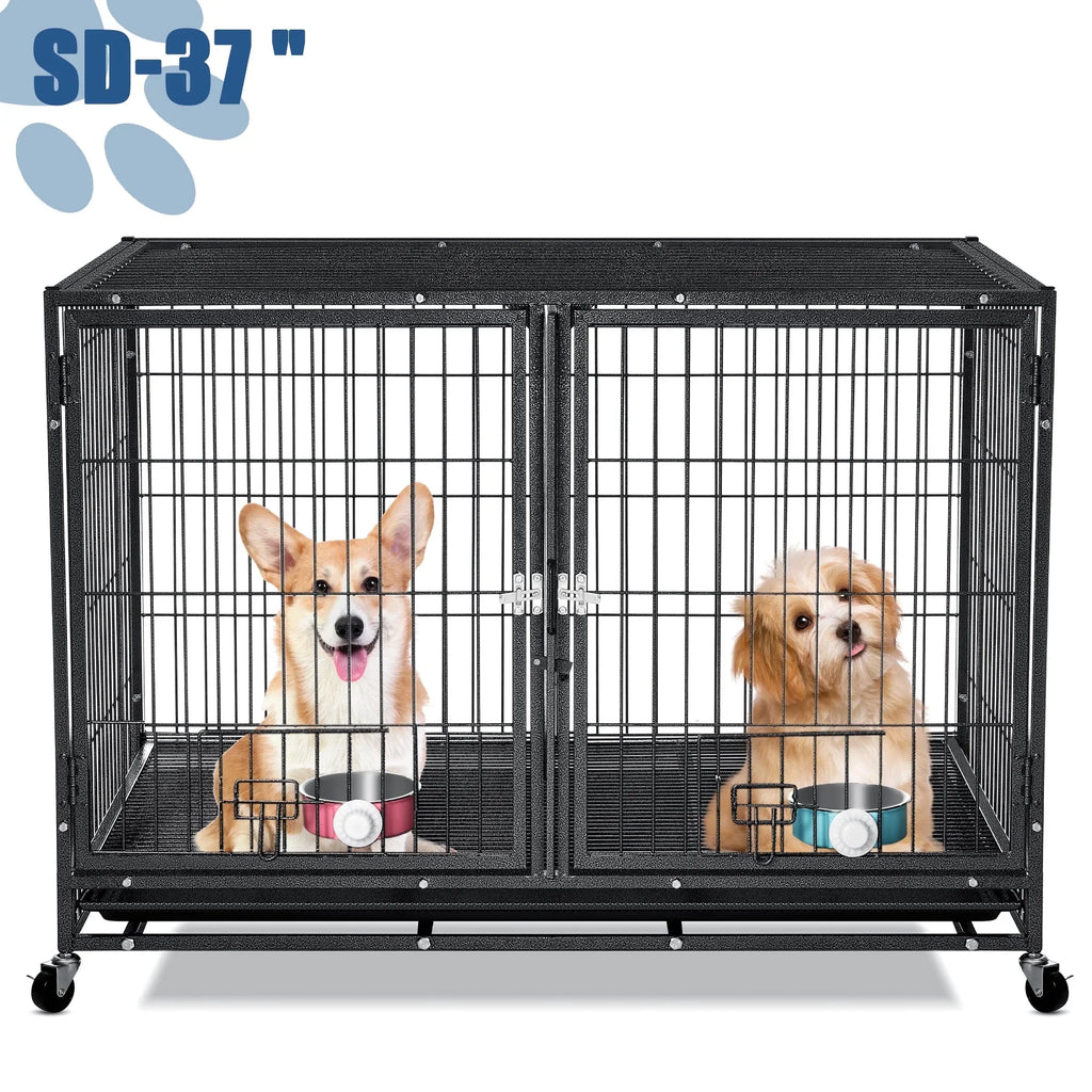 Suchown Heavy Duty Dog Crate  37 Inch Escape Proof Steel Cage for Small to Medium Dogs, Stackable Metal Kennel with Double Door, Lockable Wheels, Removable Tray  Feeding Bowls, Indoor/Outdoor Use