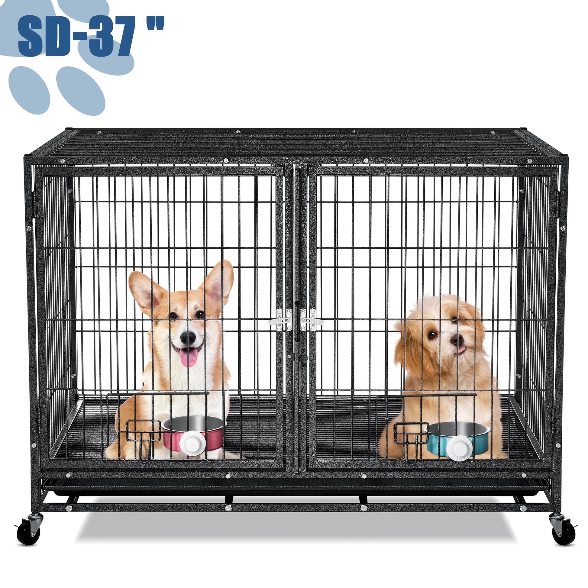 Suchown Heavy Duty Dog Crate  37 Inch Escape Proof Steel Cage for Small to Medium Dogs, Stackable Metal Kennel with Double Door, Lockable Wheels, Removable Tray  Feeding Bowls, Indoor/Outdoor Use