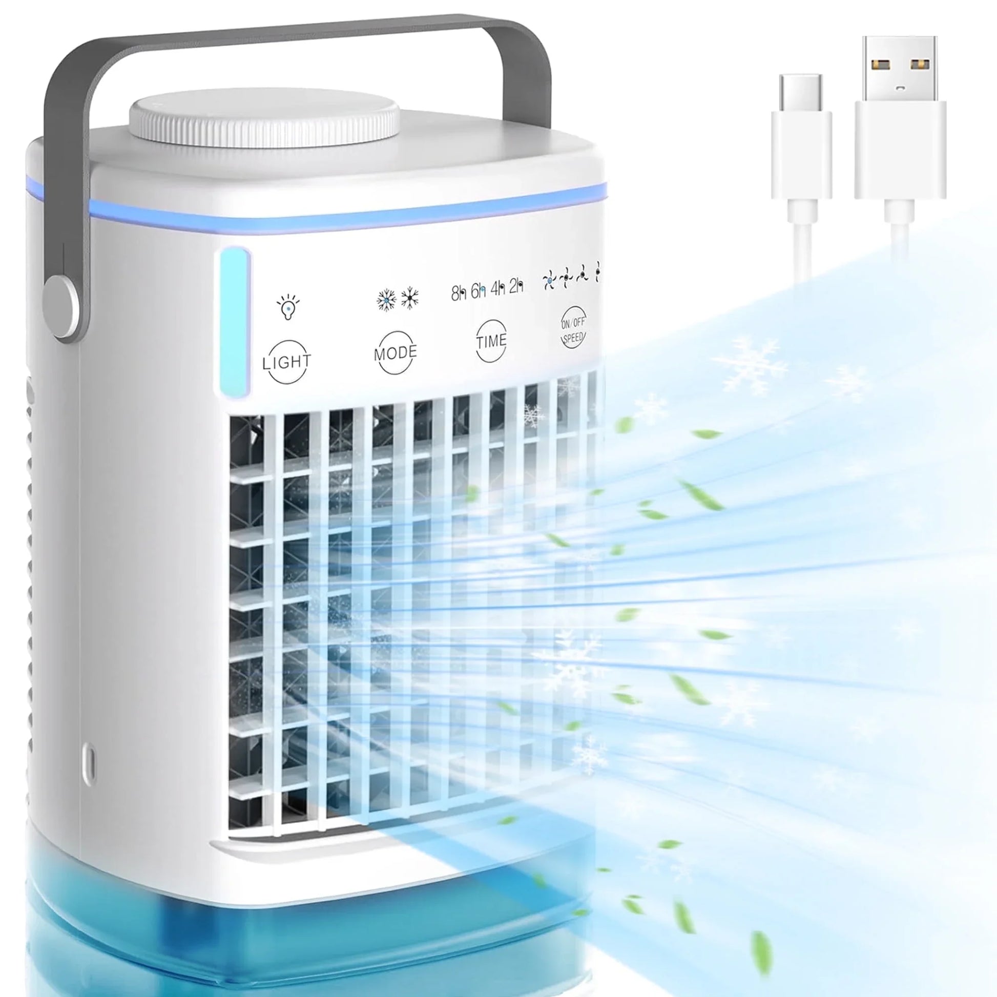 Uarter Portable Air Conditioners Cooling Fan Evaporative Cooler Desk Mini 4 Speed Misting Fan with 700ml Water Tank, 7 Color Ambient Light, Timing function, White