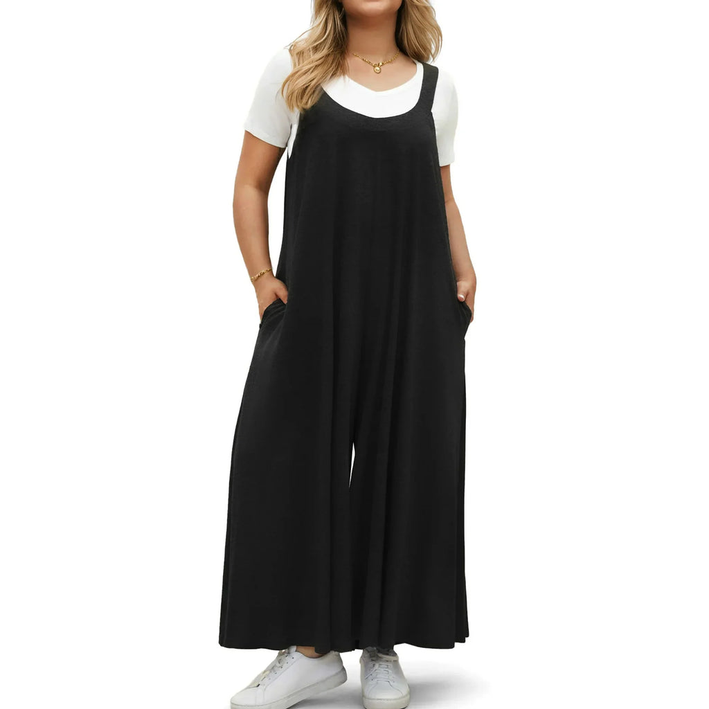 WellSize Plus Size Jumpsuits for Women Adjustable Straps Loose Overalls Long Rompers With Pockets