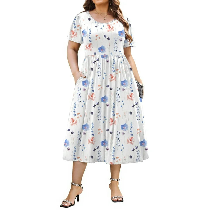 WellSize Plus Size Women Summer Dresses Casual Crew Neck Short Sleeve Sundresses Floral Midi Dress with Pockets