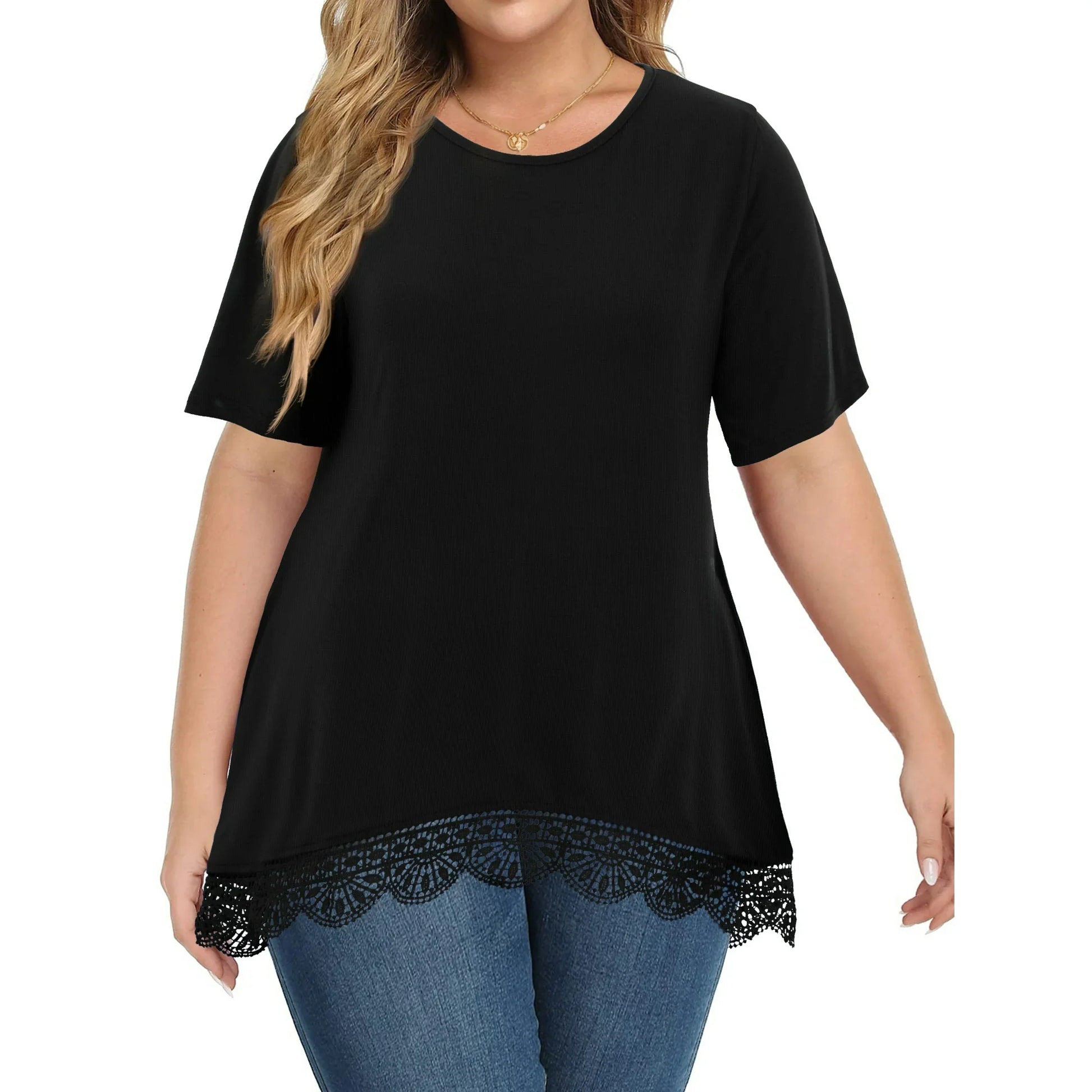 WellSize Women Plus Size Tops Casual Lace Tunic Blouse Summer Crew Neck Short Sleeve Shirts