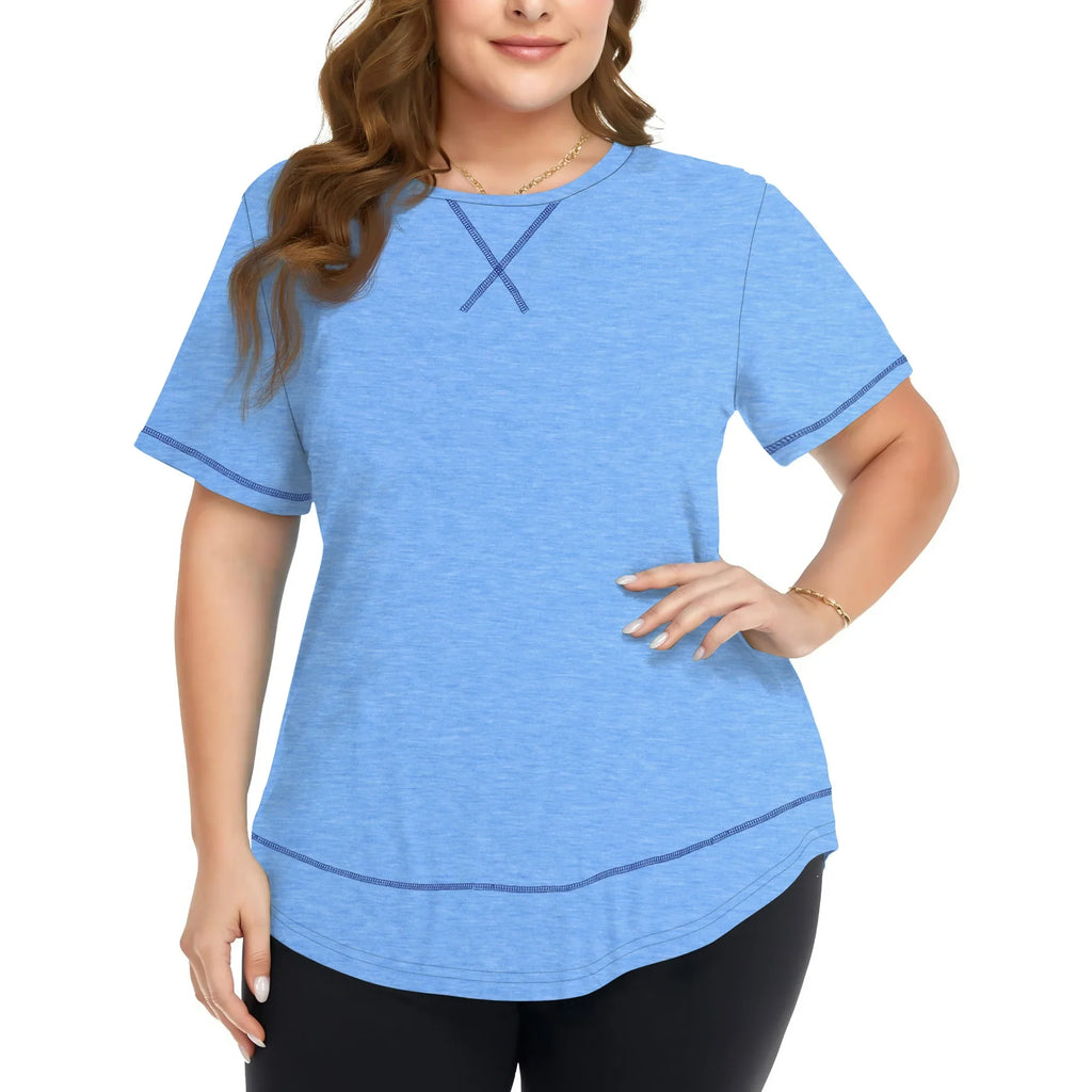 WellSize Womens Plus size Tops Curved Hem Summer Short Sleeve Shirts Loose Casual Tunic Tee