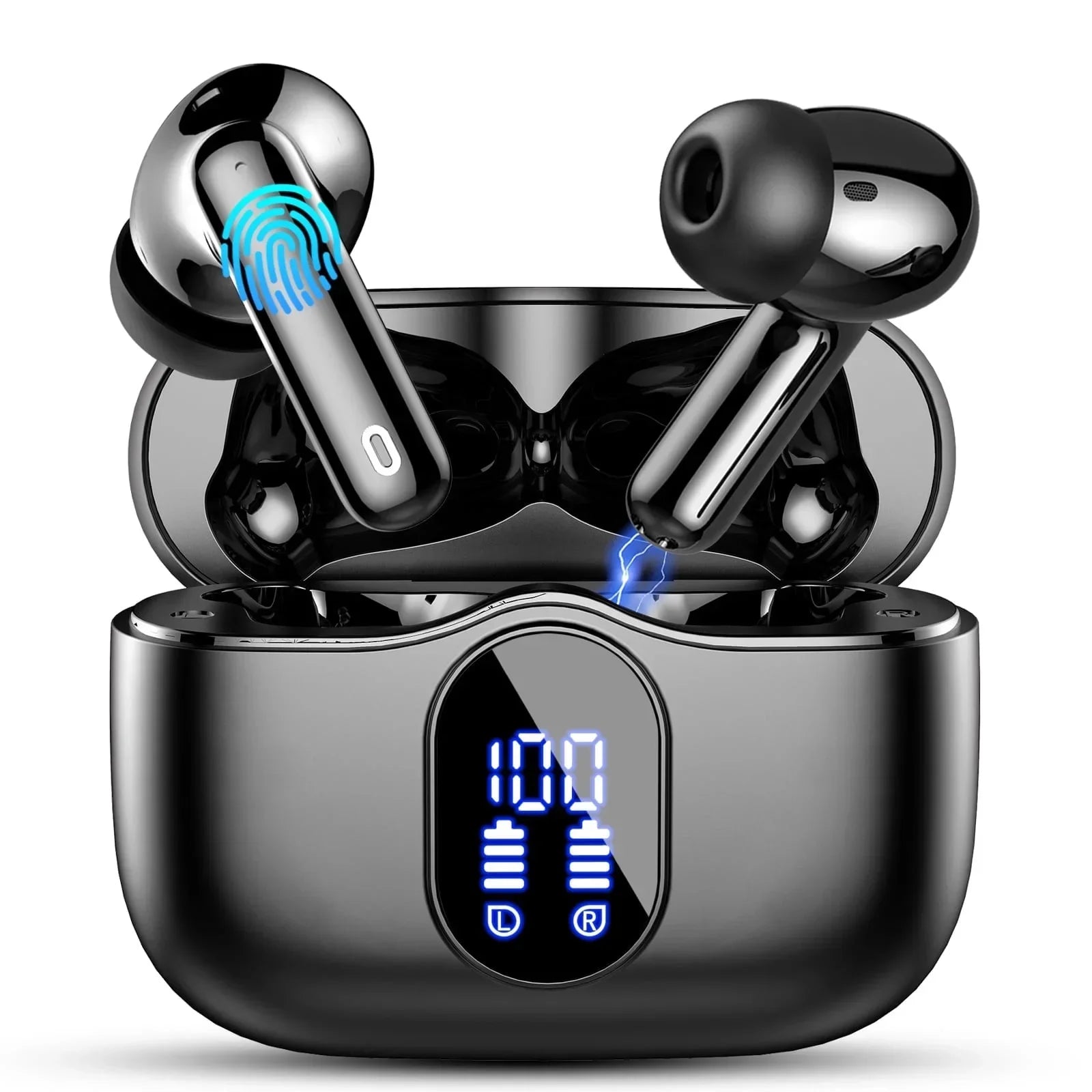Wireless Earbuds, Bluetooth Headphones 5.4 HiFi Stereo, Wireless Earphones with ENC Noise Cancelling Mic, IP7 Waterproof in Ear Wireless Headphones, LED Digital Display Ear Buds, Touch Control, Black