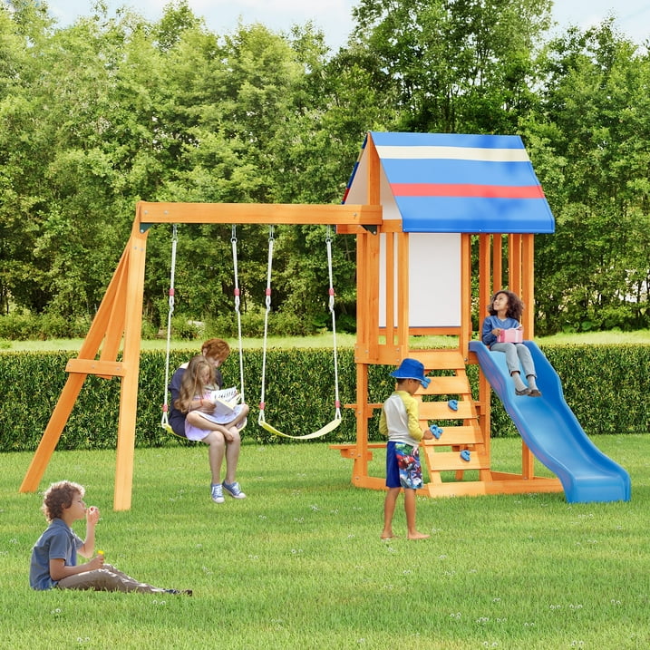 Wooden Outdoor Swing Set, SHINPT All in One Kids Outdoor Play Equipment for Kids Age 3 12 with Wave Slide, 2 Swings, Climbing Wall, Canopy Roof and Ladder, Kids Playground for Backyard, Garden, Park