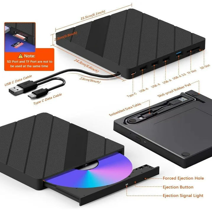 External CD/DVD Drive for Laptop, USB 3.0 Portable External CD Burner Reader Writer with 4 USB Ports/2 TF SD Card Slots/1 USB Type C Port, 8 in 1 Disc Drive for Laptop/PC/Mac/Windows/Linux/OS