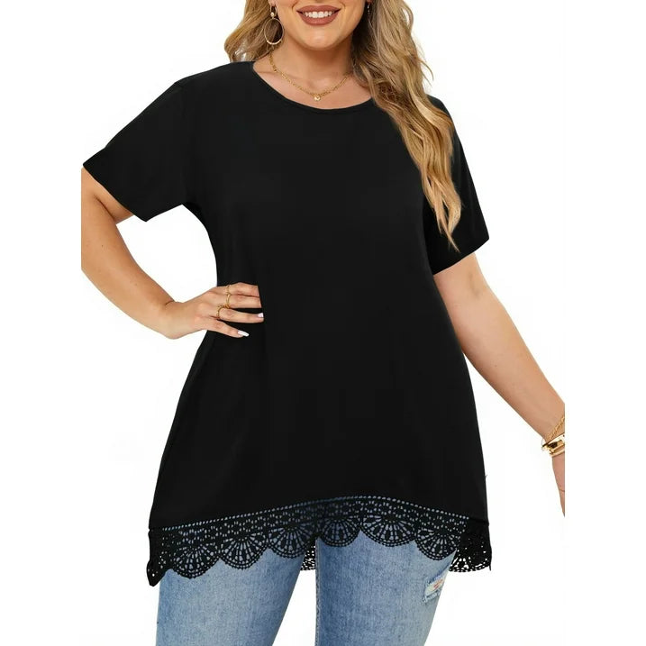 WellSize Women Plus Size Tops Casual Lace Tunic Blouse Summer Crew Neck Short Sleeve Shirts