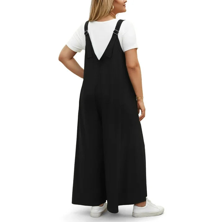 WellSize Plus Size Jumpsuits for Women Adjustable Straps Loose Overalls Long Rompers With Pockets