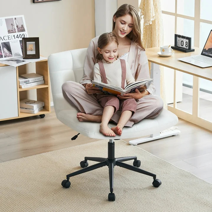 Modern Armless Home Office Chair Wide Desk Chair with Wheels Swivel Task Chair for Home Office, Bedroom. PU-Ivorywhite