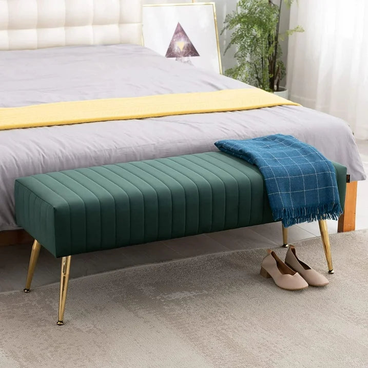 Velvet Entryway Bench Ottoman Comfortable Footrest Stool Tufted Table Bench,Dark green