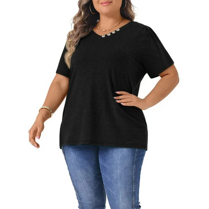 WellSize Plus Size Blouses for Women Button Tunic Tops V Neck Short Sleeve Summer Shirts
