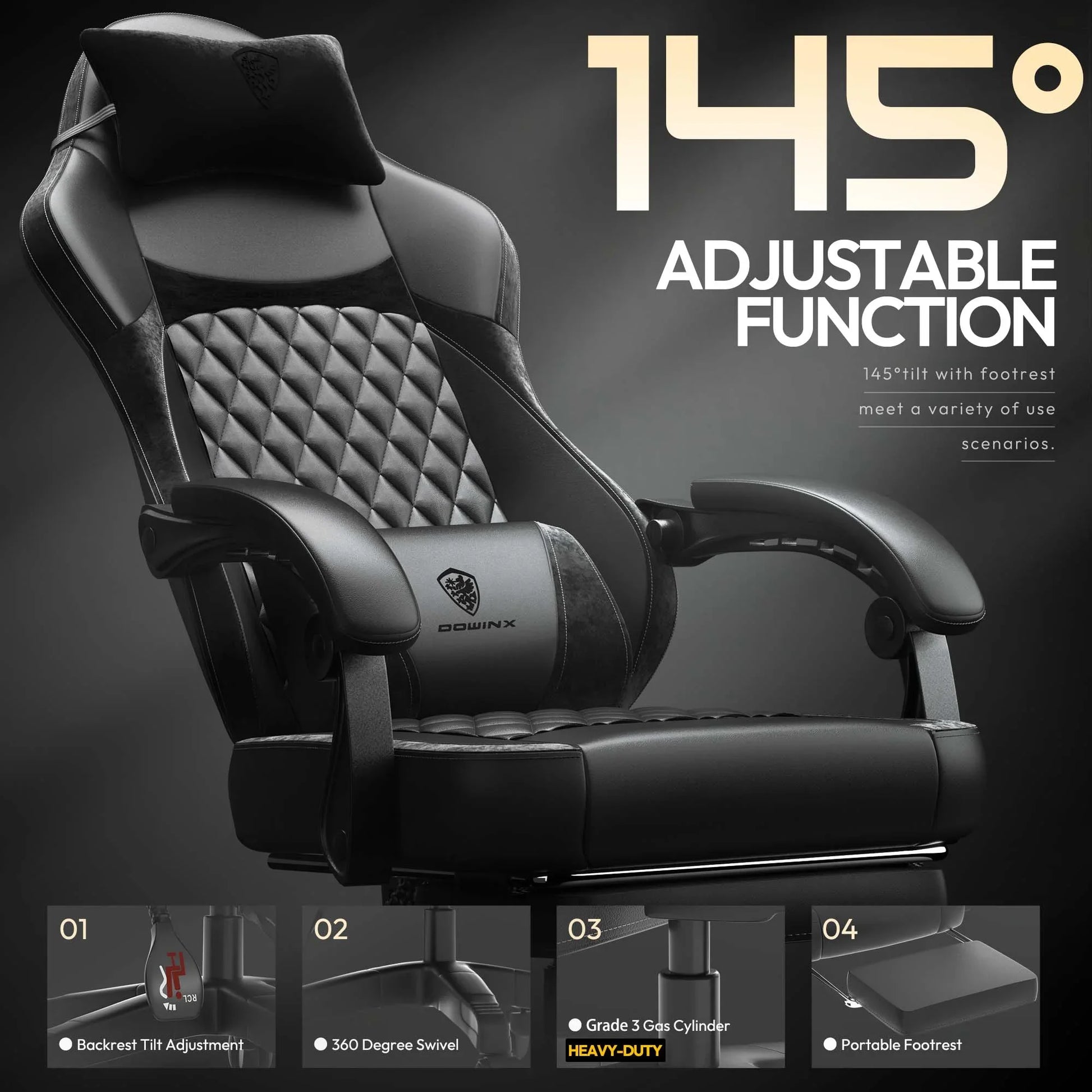 Dowinx Ergonomic Gaming Chair with Pocket Spring Cushion & Massage Lumbar Support  High Back Office Computer Chair with Footrest for Adults, 300LBS Capacity, Leather Design£¬ Black