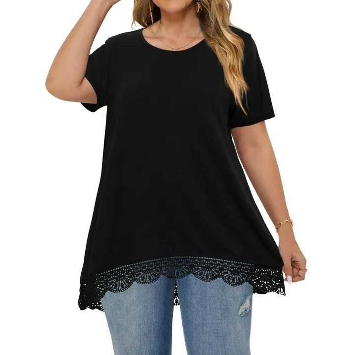 WellSize Women Plus Size Tops Casual Lace Tunic Blouse Summer Crew Neck Short Sleeve Shirts