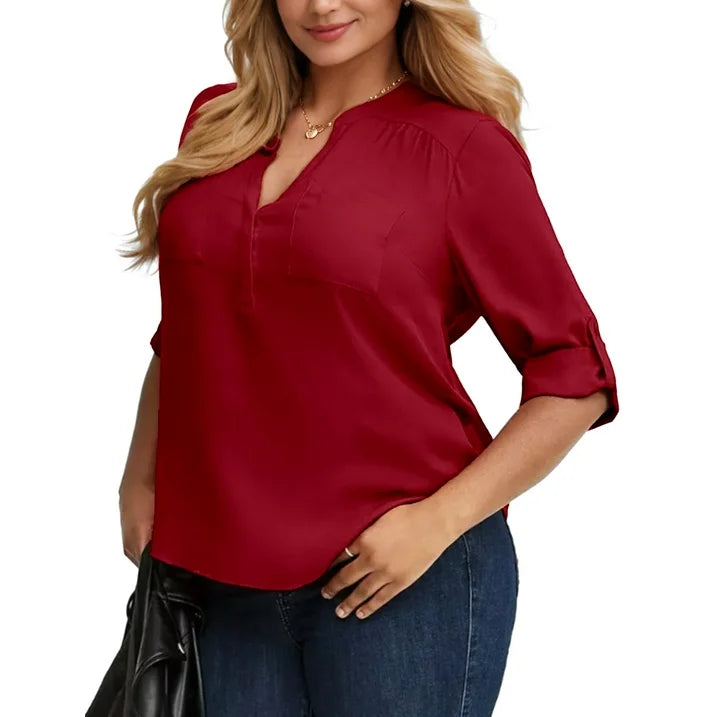 WellSize 3/4 Roll Sleeve Work Shirts for Women Plus Size Tunic Tops Flowy V Neck Button Down Blouses with Pockets