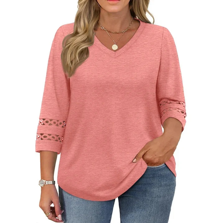 WellSize 3/4 Sleeve Womens Plus Size Tops V Neck Trendy Tunic Blouses Curved Hem Casual Shirts