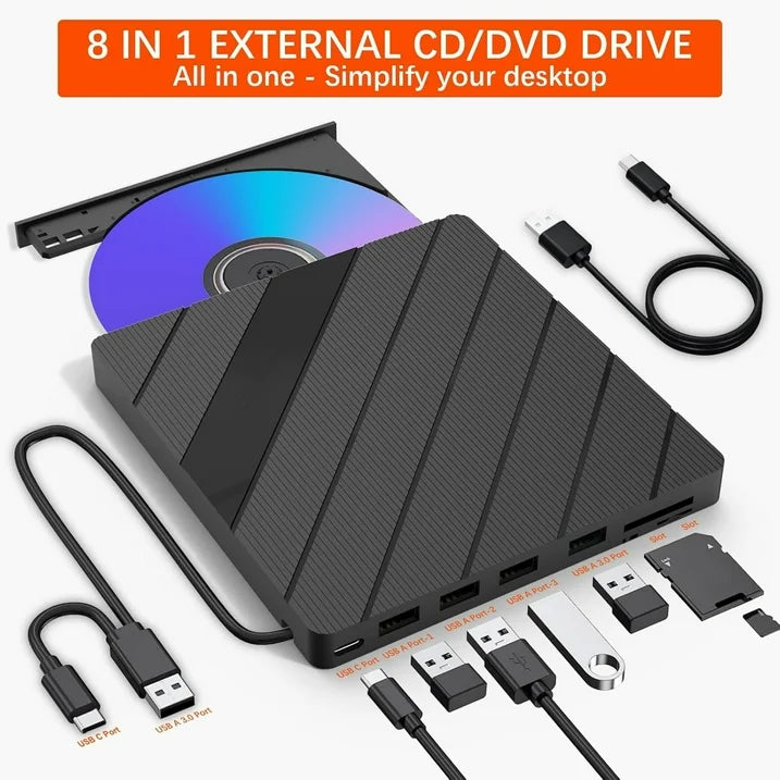 External CD/DVD Drive for Laptop, USB 3.0 Portable External CD Burner Reader Writer with 4 USB Ports/2 TF SD Card Slots/1 USB Type C Port, 8 in 1 Disc Drive for Laptop/PC/Mac/Windows/Linux/OS