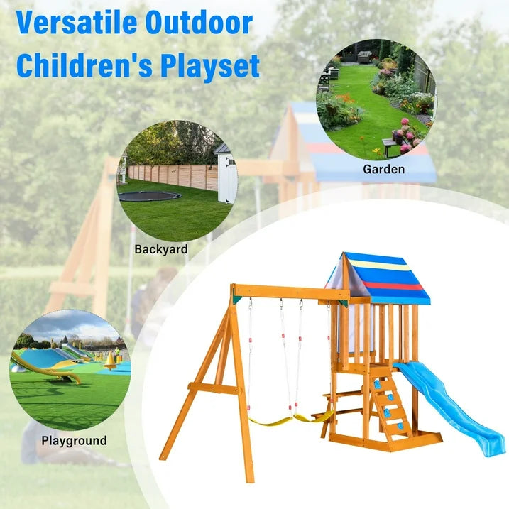 Wooden Outdoor Swing Set, SHINPT All in One Kids Outdoor Play Equipment for Kids Age 3 12 with Wave Slide, 2 Swings, Climbing Wall, Canopy Roof and Ladder, Kids Playground for Backyard, Garden, Park