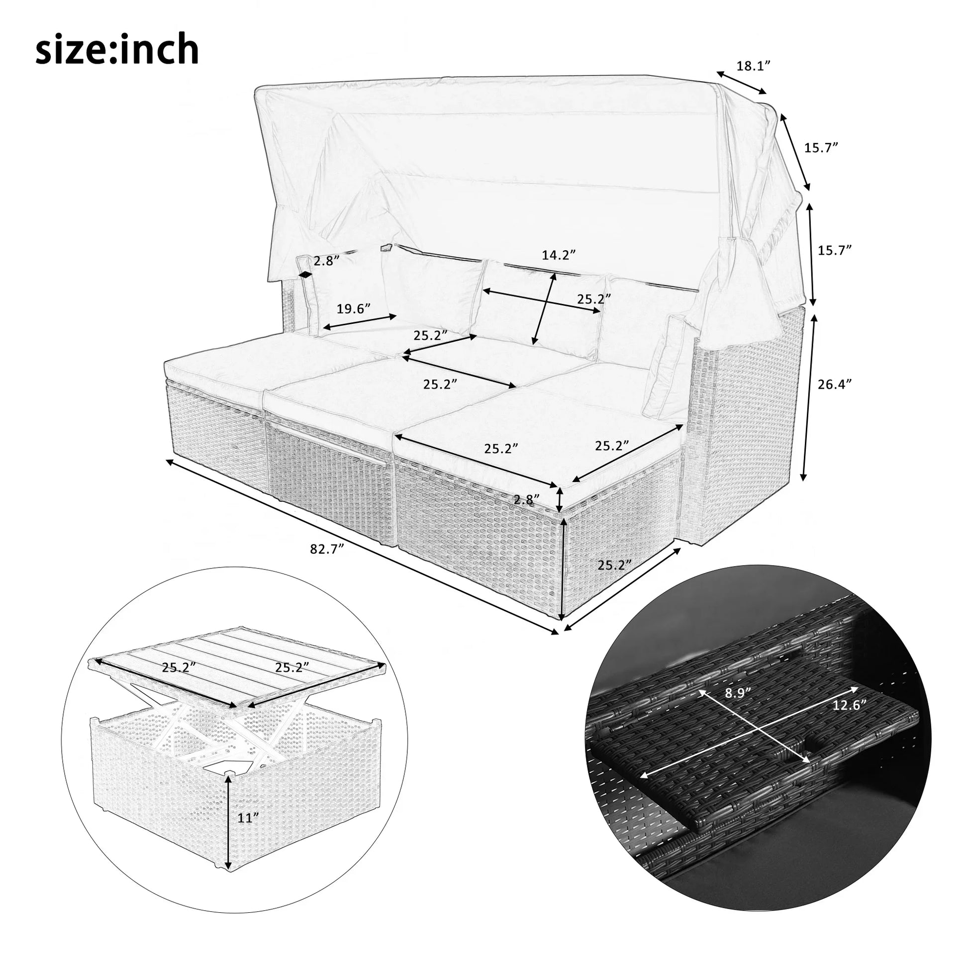 PE Rattan Patio Daybed, Outdoor Daybed Patio Bed Furniture, Patio Sofa Set with Retractable Canopy, Cushions and Lifting Table, Patio Bed Furniture for Patio, Poolside, Garden, Yard