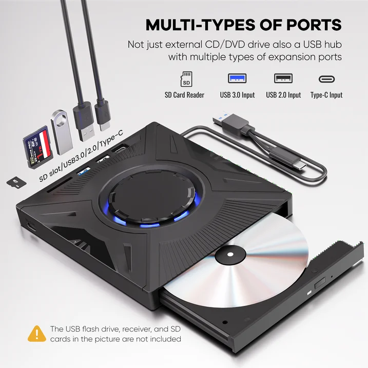 External CD/DVD Drive for Laptop, USB 3.0 Ultra Slim External CD/DVD Player with 2 USB A Ports, 2 Type C Port, 2 TF/SD Card Slots, External CD/DVD Burner Compatible with macOS/Windows/Linux
