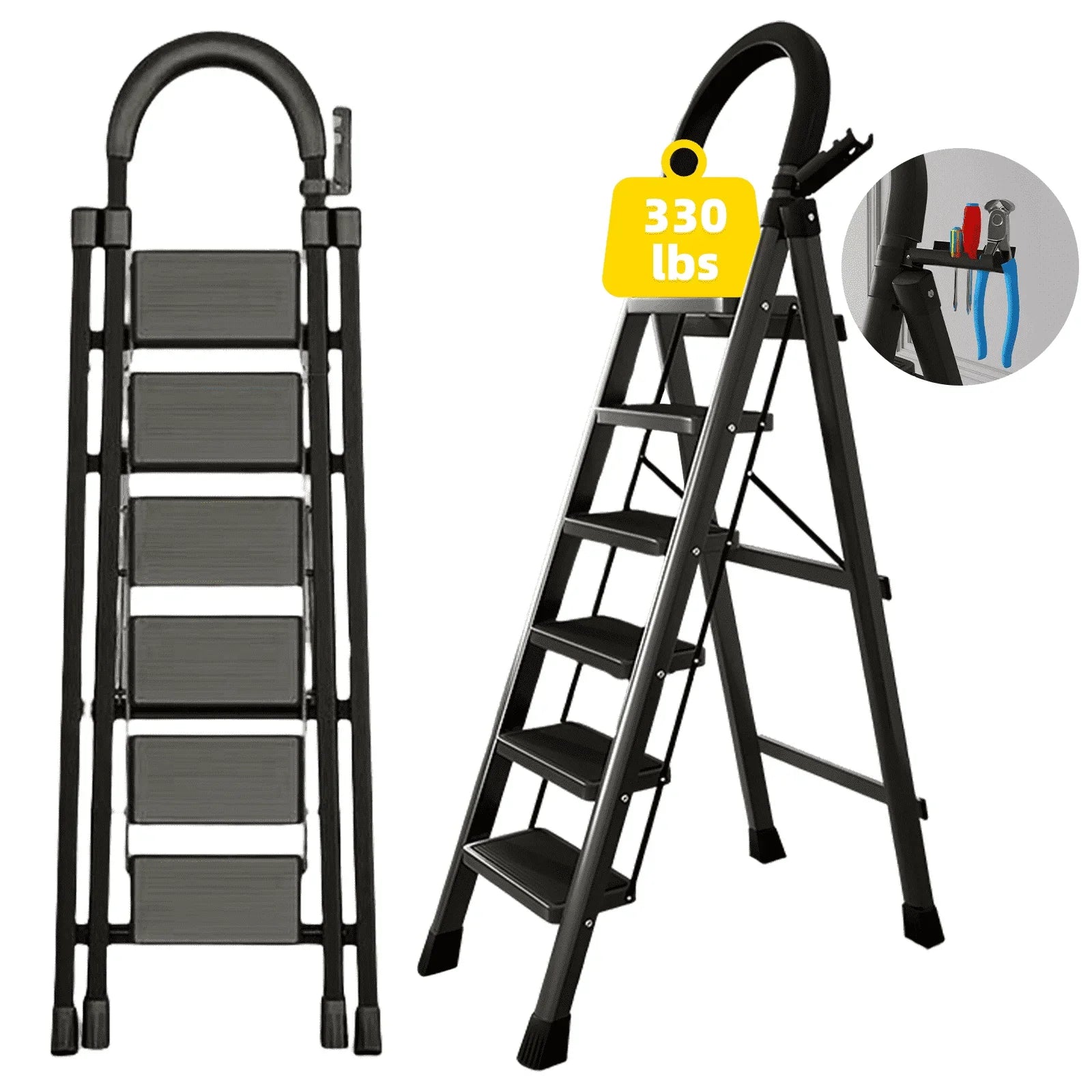 stusgo 6 Step Steel Ladder Folding Step Stool with Tool Holder for Easy Use Black