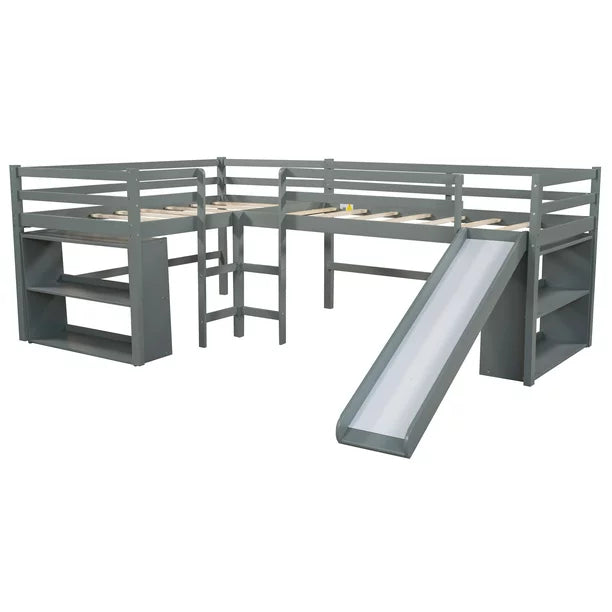 Twin L-Shaped Low Loft Bed with Movable Two-Tier Shelves for Kids, Gray