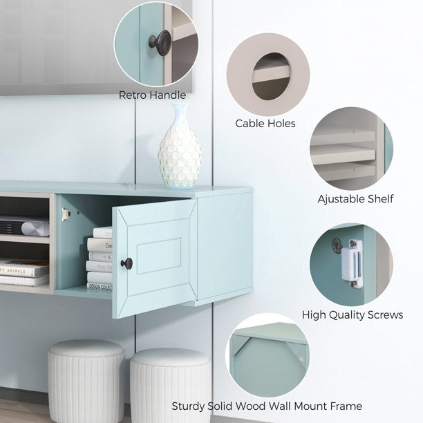 EUROCO Wall Mounted Floating TV Stand Up to 65” with 3 Levels Adjustable shelves & Magnetic Cabinet Door,& Cable Management