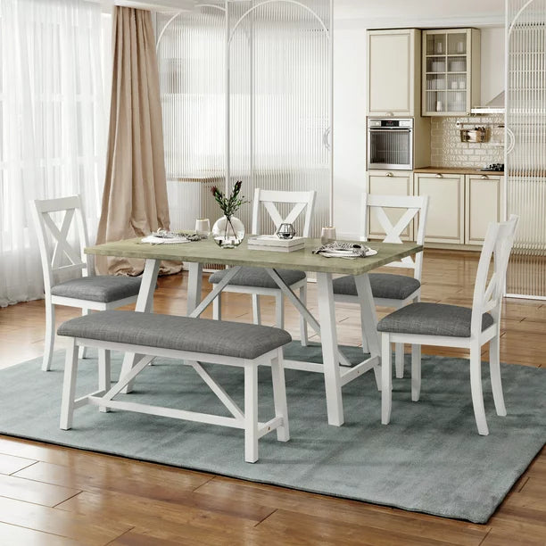 EUROCO 6-Piece Wood Dining Table and Chairs,Rustic Style Kitchen Table Set with Table, Bench and 4 Chairs, White+Gray