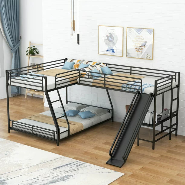Metal L-Shaped Twin over Full Bunk and Loft Bed with Desk for Kids, Black